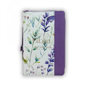 Biblia RV1960 Imitación Piel Blanco/Morado "Floral" c/Índice, Cierre y Agarre